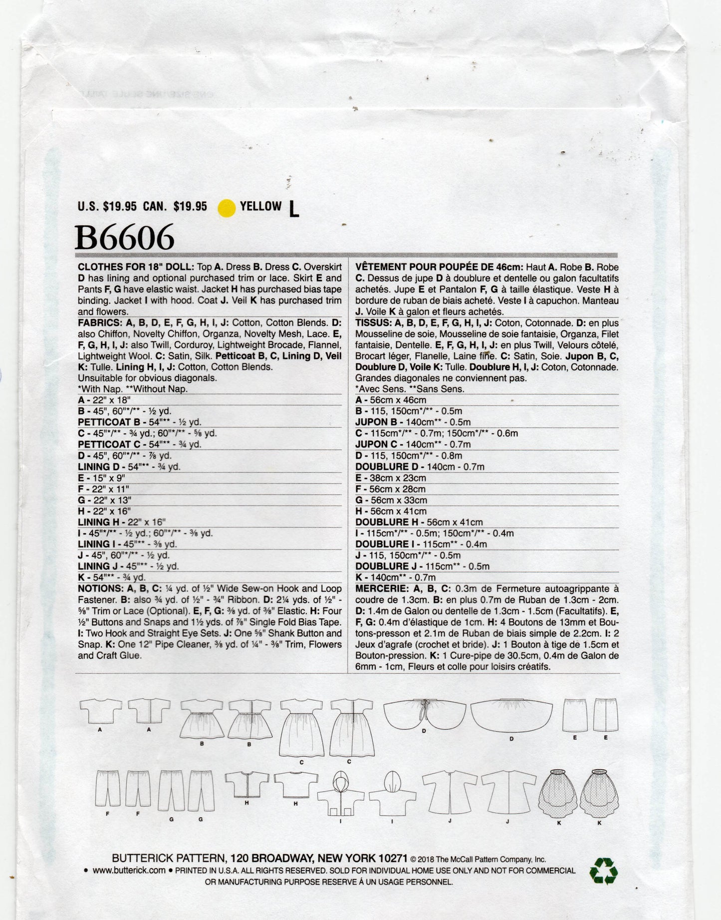 Patrón de costura de armario de ropa para muñecas retro de 1960 Butterick B6606 para muñecas de 18 pulgadas, doblado de fábrica y sin cortar