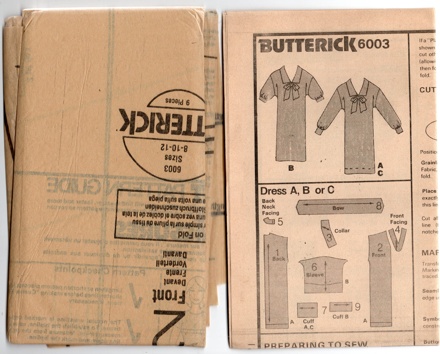 Butterick 6003 Womens Loose Fitting Dress with Collar & Tie 1980s Vintage Sewing Pattern Size 8 - 12 UNCUT Factory Folded