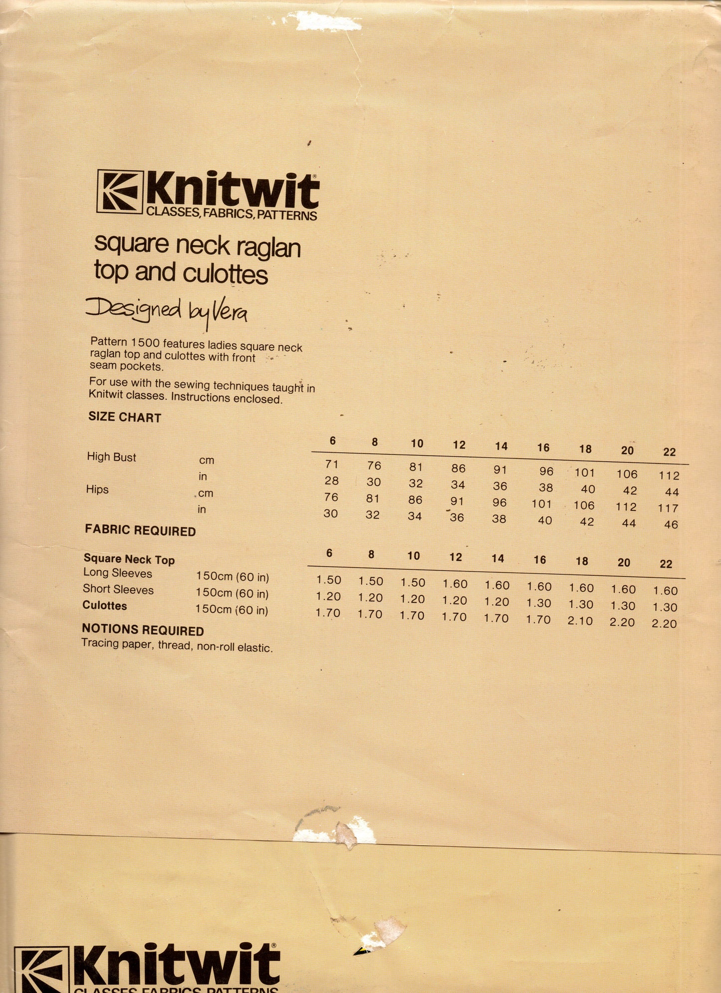 Knitwit 1500 Womens Stretch Knit Culottes & Raglan Sleeved Top 1980s Vintage Sewing Pattern Sizes 6 - 22 UNCUT Factory Folded
