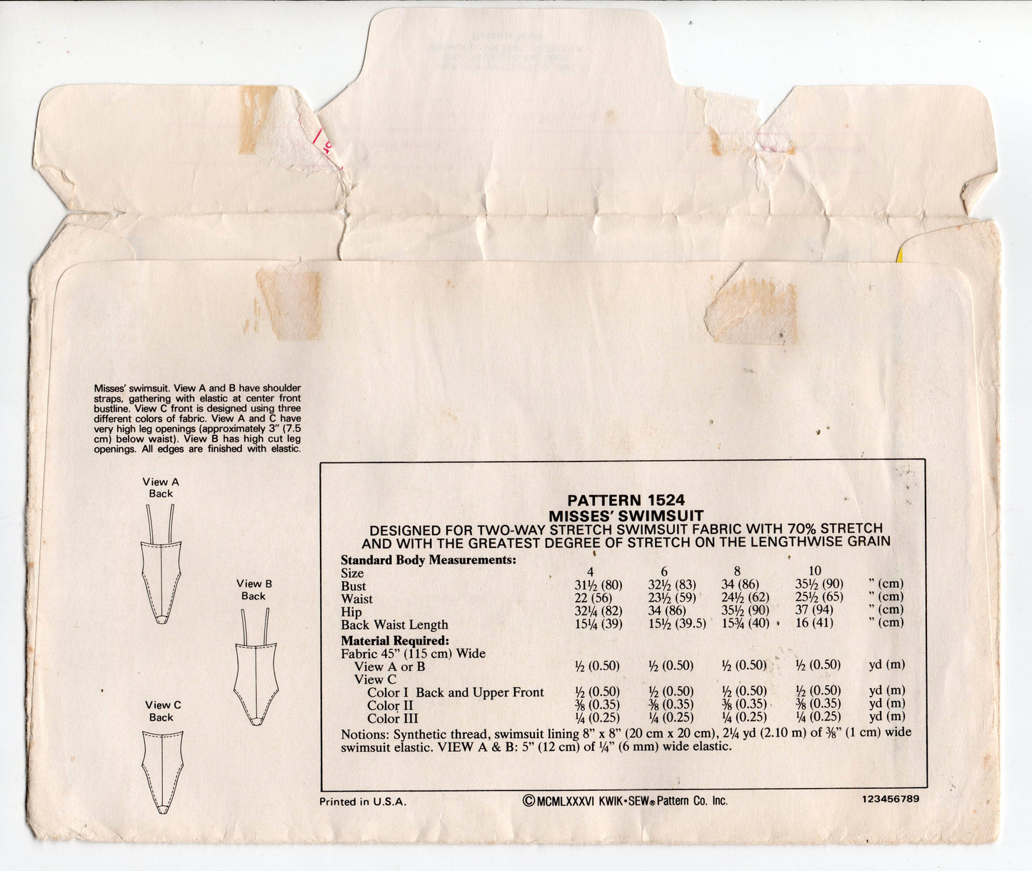 Kwik Sew 1524 & 1525 Womens High Cut Leg Colour Block Stretch Swimsuit or Maillot 1980s Vintage Sewing Pattern Bust 31 - 36 or 37 - 42 inches UNCUT Factory Folded