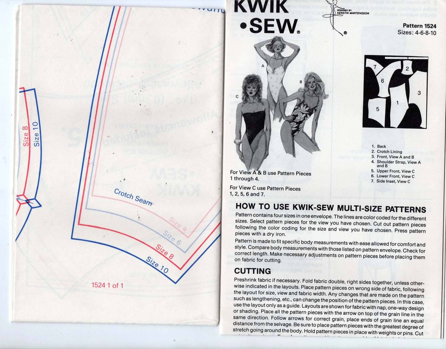 Kwik Sew 1524 & 1525 Womens High Cut Leg Colour Block Stretch Swimsuit or Maillot 1980s Vintage Sewing Pattern Bust 31 - 36 or 37 - 42 inches UNCUT Factory Folded