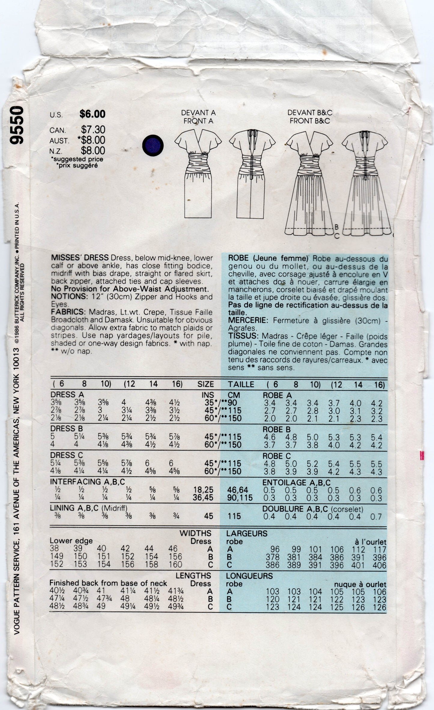 Vogue 9550 Womens V Back Flutter Sleeved Dress with Ruched Midriff 1980s Vintage Sewing Pattern Size 12 Bust 34 inches