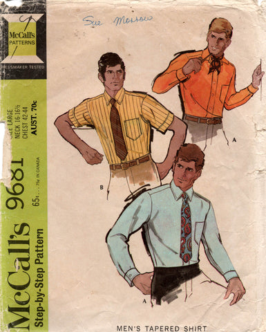 McCall's 9681 Mens Classic Tapered Shirts 1960s Vintage Sewing Pattern Size LARGE Chest 42 - 44 inches