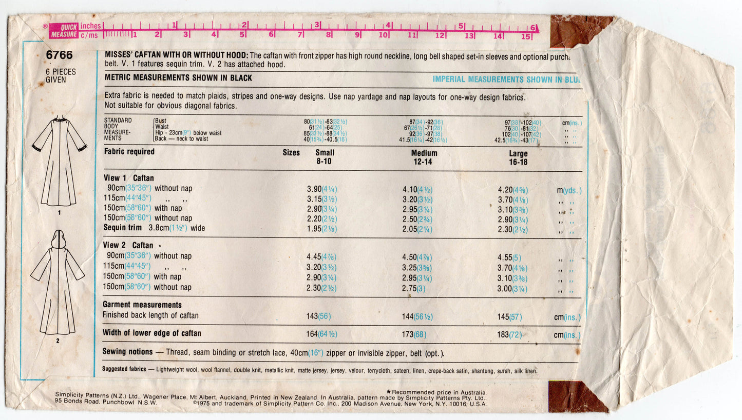 Simplicity 6766 Womens Maxi Zip Front Caftan with Optional Hood 1970s Vintage Sewing Pattern Size MED 12 - 14