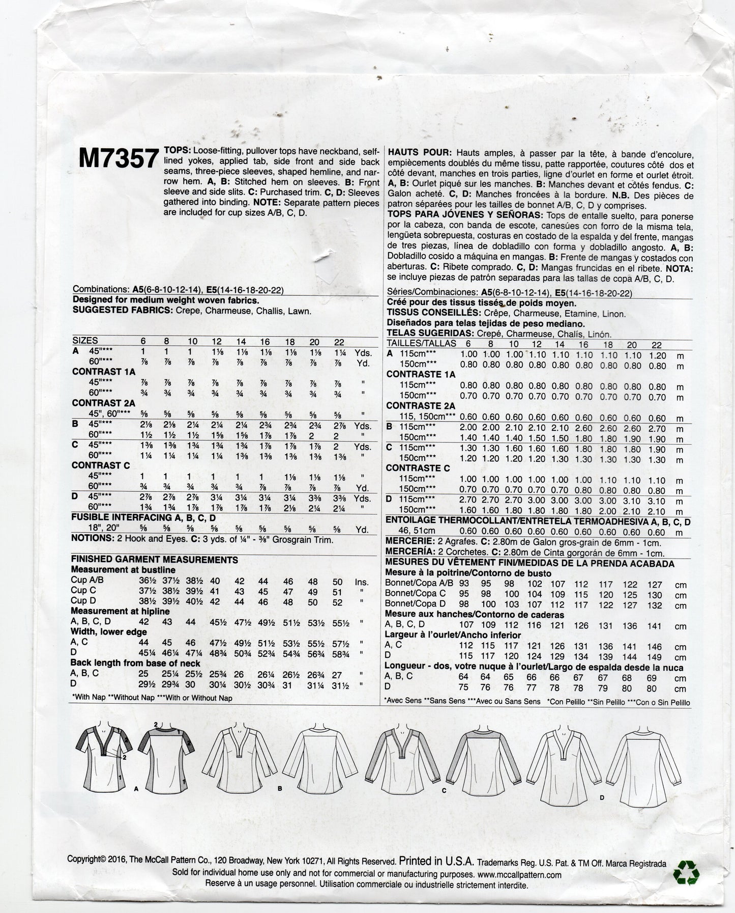 McCall's M7357 Womens EASY Pullover Tops Out Of Print Sewing Pattern Size 6 - 22 UNCUT Factory Folded