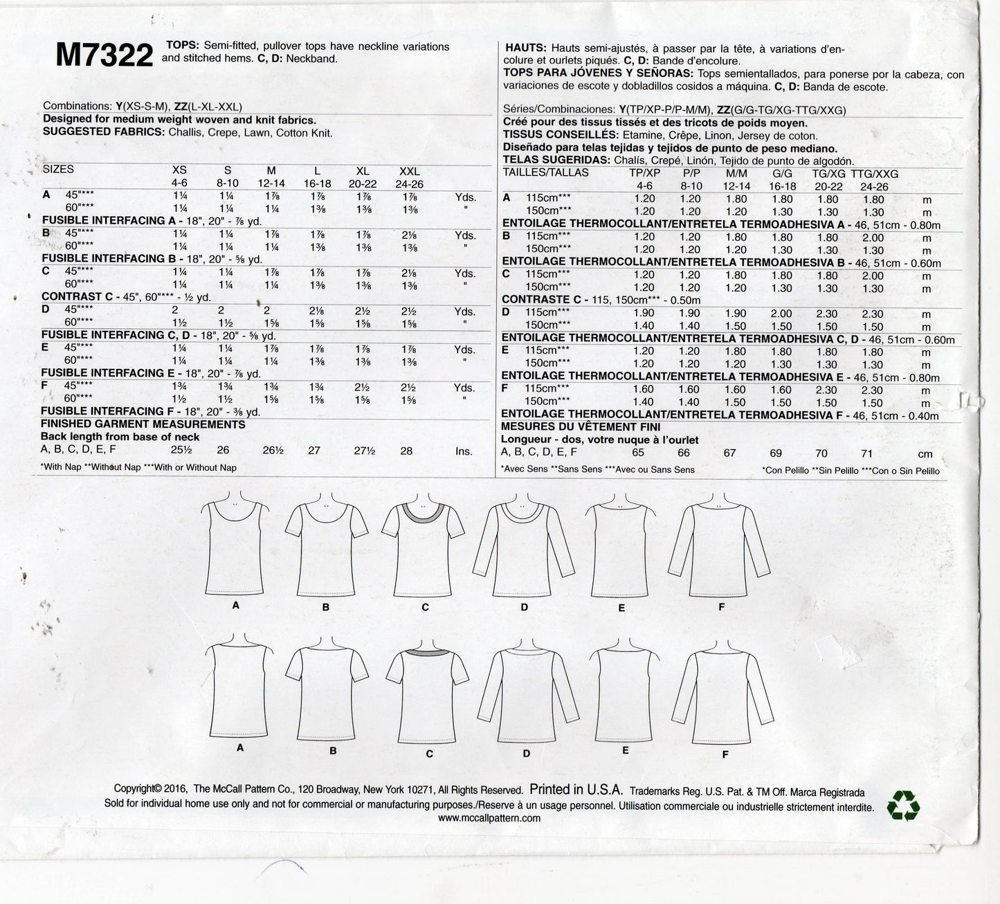 McCall's M7322 Womens EASY Summer Pullover Tops Out Of Print Sewing Pattern Size 4 - 26 UNCUT Factory Folded