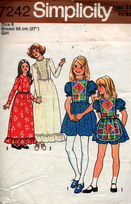 Patrón de costura vintage de los años 70 para vestido mini o maxi y delantal para niñas Simplicity 7242, talla 8