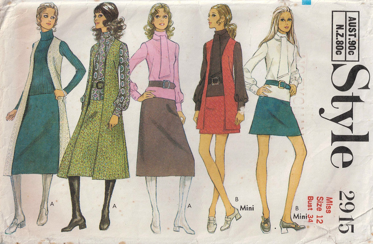 Style 2915 Womens Longline Vest Cardigan Skirt Blouse & Tie 1970s Vintage Sewing Pattern Size 12 Bust 34 inches