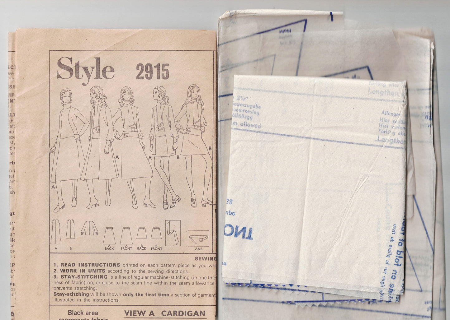 Style 2915 Womens Longline Vest Cardigan Skirt Blouse & Tie 1970s Vintage Sewing Pattern Size 12 Bust 34 inches