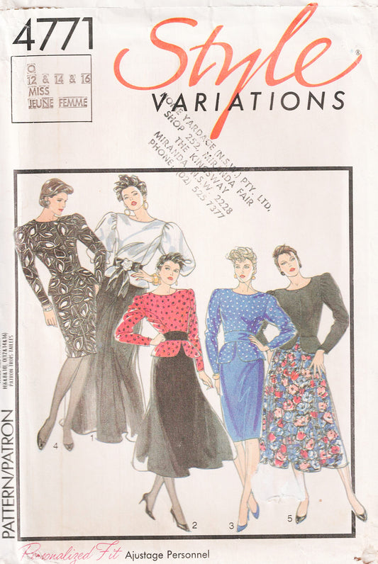 Style 4771 Womens Evening Peplum Tops & Skirts 1980s Vintage Sewing Pattern Size 12 - 16 UNCUT Factory Folded