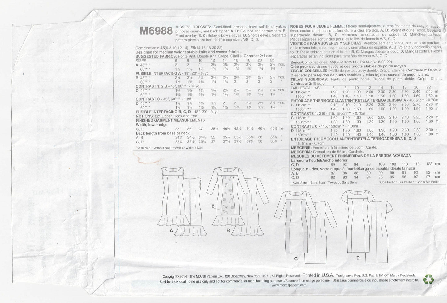 McCall's 6988 EASY Womens Panelled Colour Block Dress Out Of Print Sewing Pattern Sizes 6 - 14 UNCUT Factory Folded