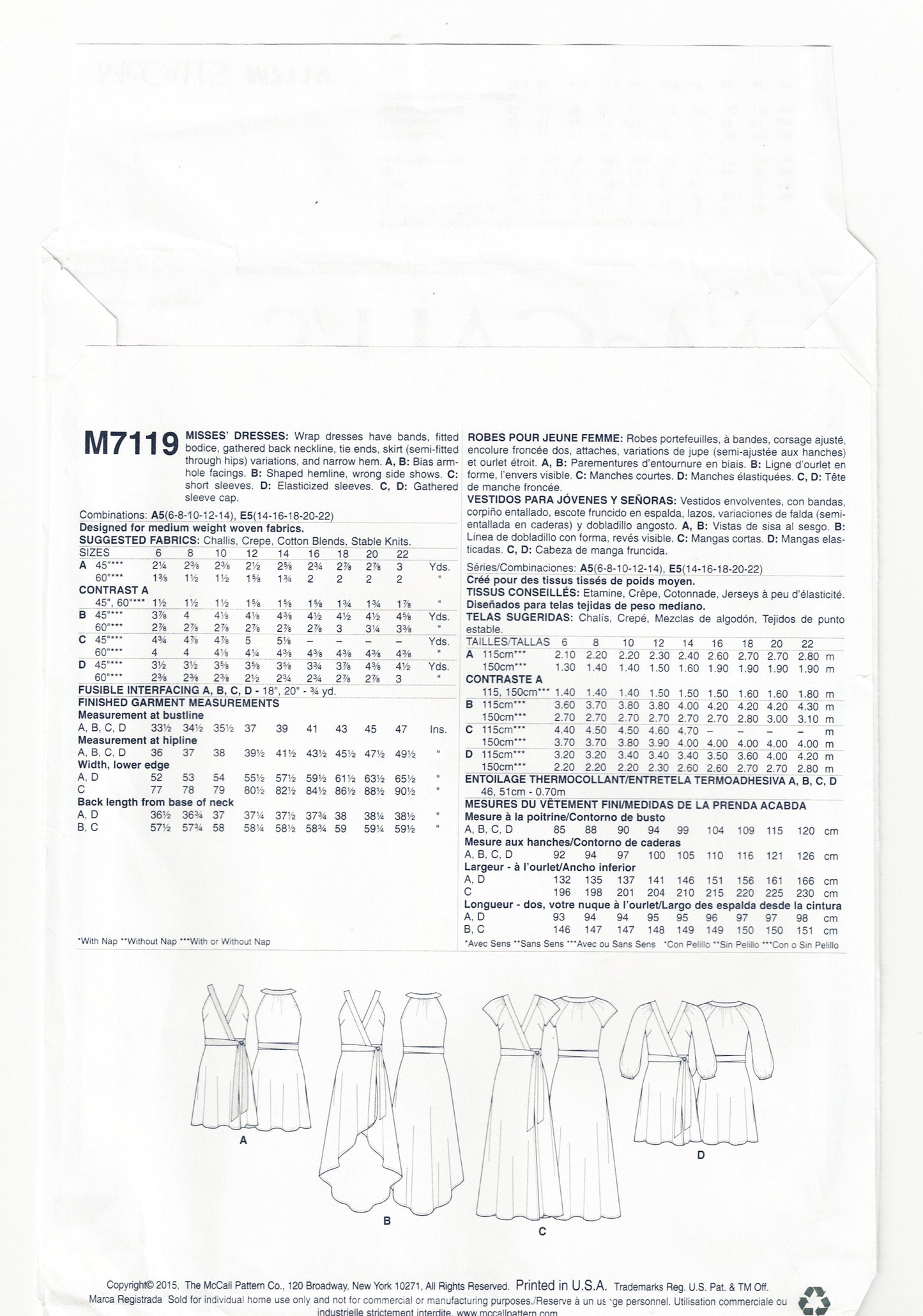 McCall's 7119 EASY Womens Summer Wrap Dress Out Of Print Sewing Pattern Sizes 6 - 14 UNCUT Factory Folded