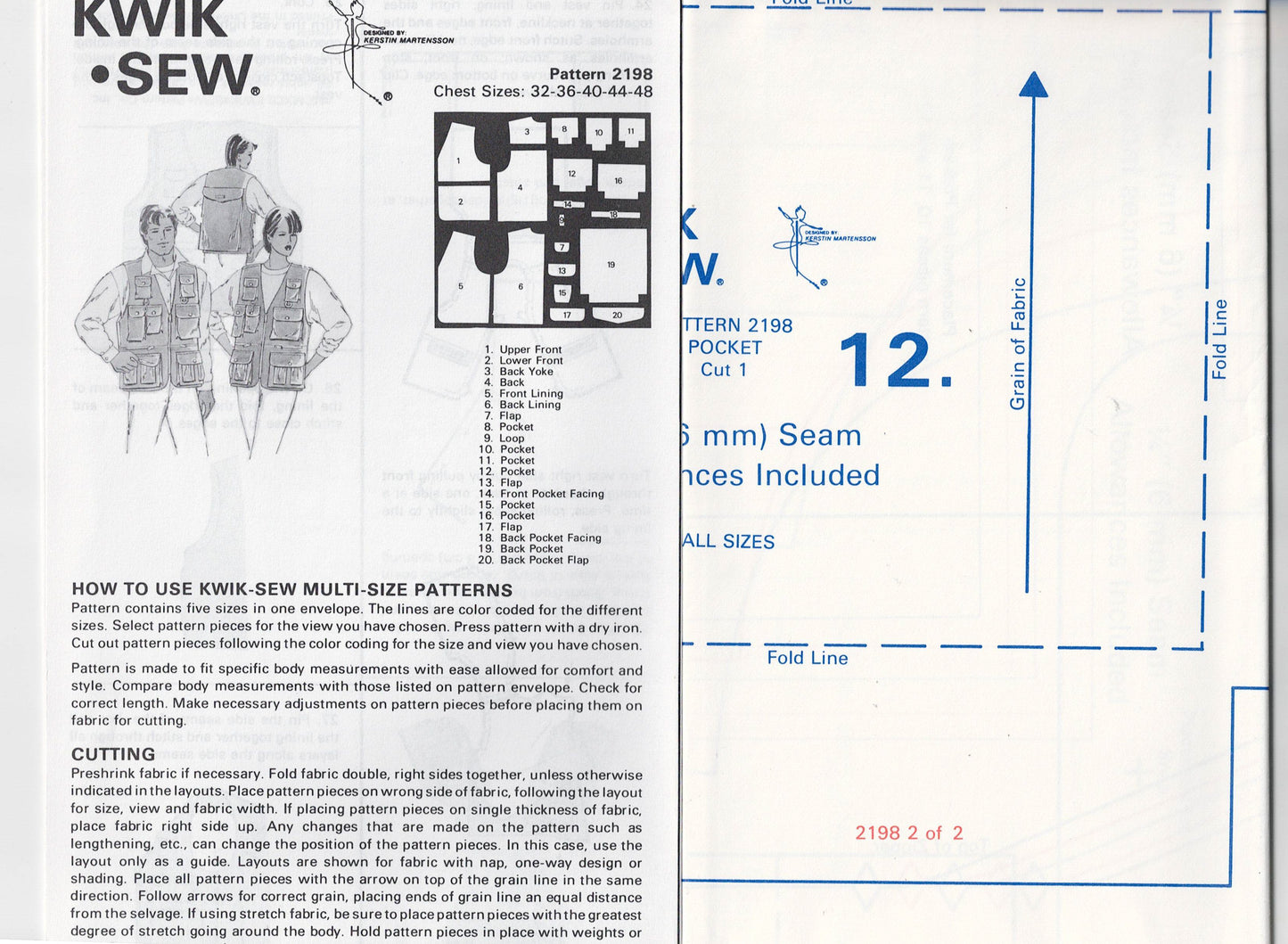 Kwik Sew 2198 UNISEX Mens Womens Canvas Utility Safari Sports Fishing Vest 1990s Vintage Sewing Pattern Chest 32 - 48 UNCUT Factory Folded