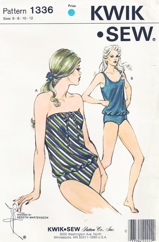 Kwik Sew 1336 Womens 2 Piece Stretch Blouson Tankini Swimsuit or Maillot 1980s Vintage Sewing Pattern Bust 32 - 37 inches UNCUT Factory Folded