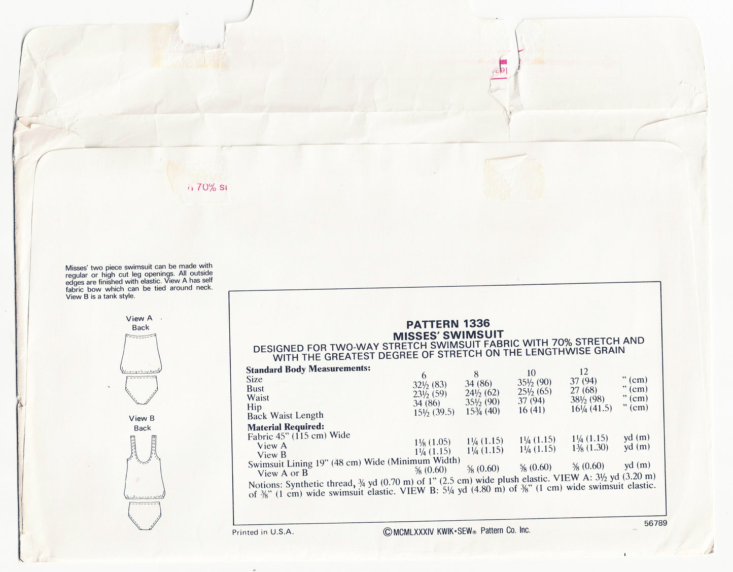 Kwik Sew 1336 Womens 2 Piece Stretch Blouson Tankini Swimsuit or Maillot 1980s Vintage Sewing Pattern Bust 32 - 37 inches UNCUT Factory Folded