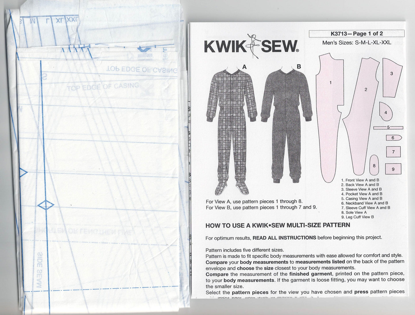 Kwik Sew 3713 Mens Onesie Style Pajamas Out Of Print Sewing Pattern Size S - XXL UNCUT Factory Folded