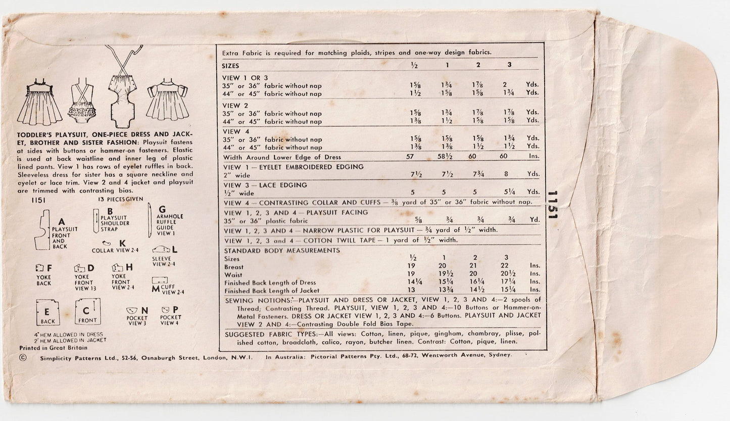 Simplicity 1151 Toddlers Playsuit Dress & Jacket 1950s Vintage Sewing Pattern Size 6 months