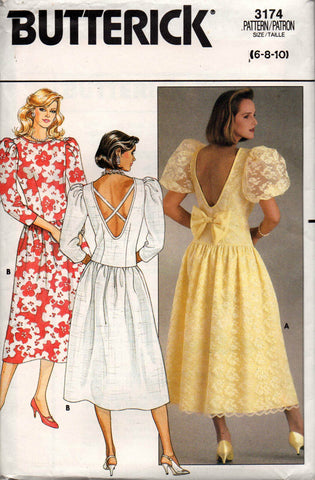 Butterick 3174 Womens Drop Waisted V Back Evening Bridesmaids Prom Dress with Puff or Long Sleeves 1980s Vintage Sewing Pattern Size 6 - 10 or 12 - 16