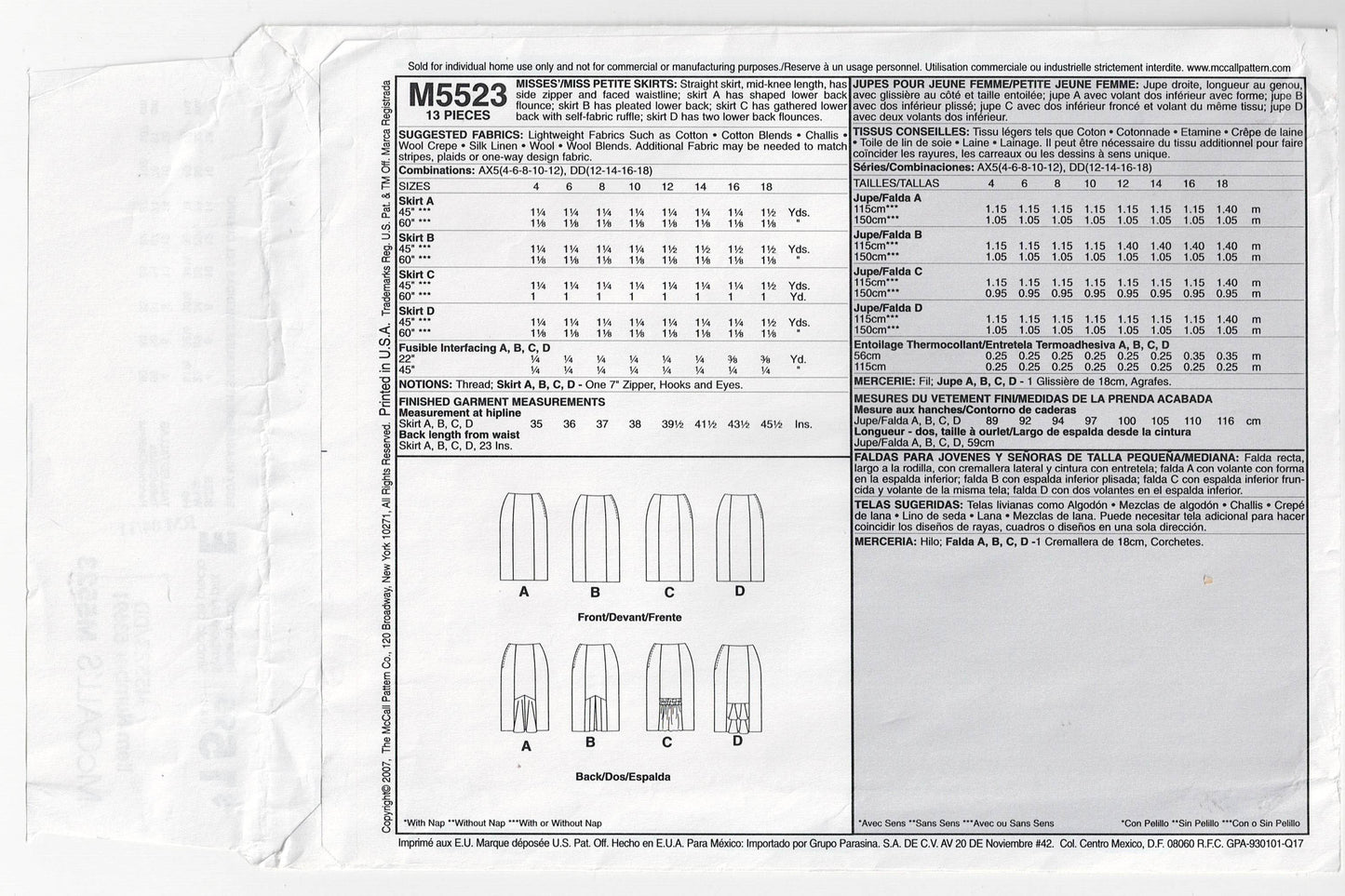 Patrón de costura agotado para faldas ajustadas con paneles y dobladillo con volantes o pliegues para mujer McCall's 5523, tallas 12 a 18, sin cortar, doblado de fábrica