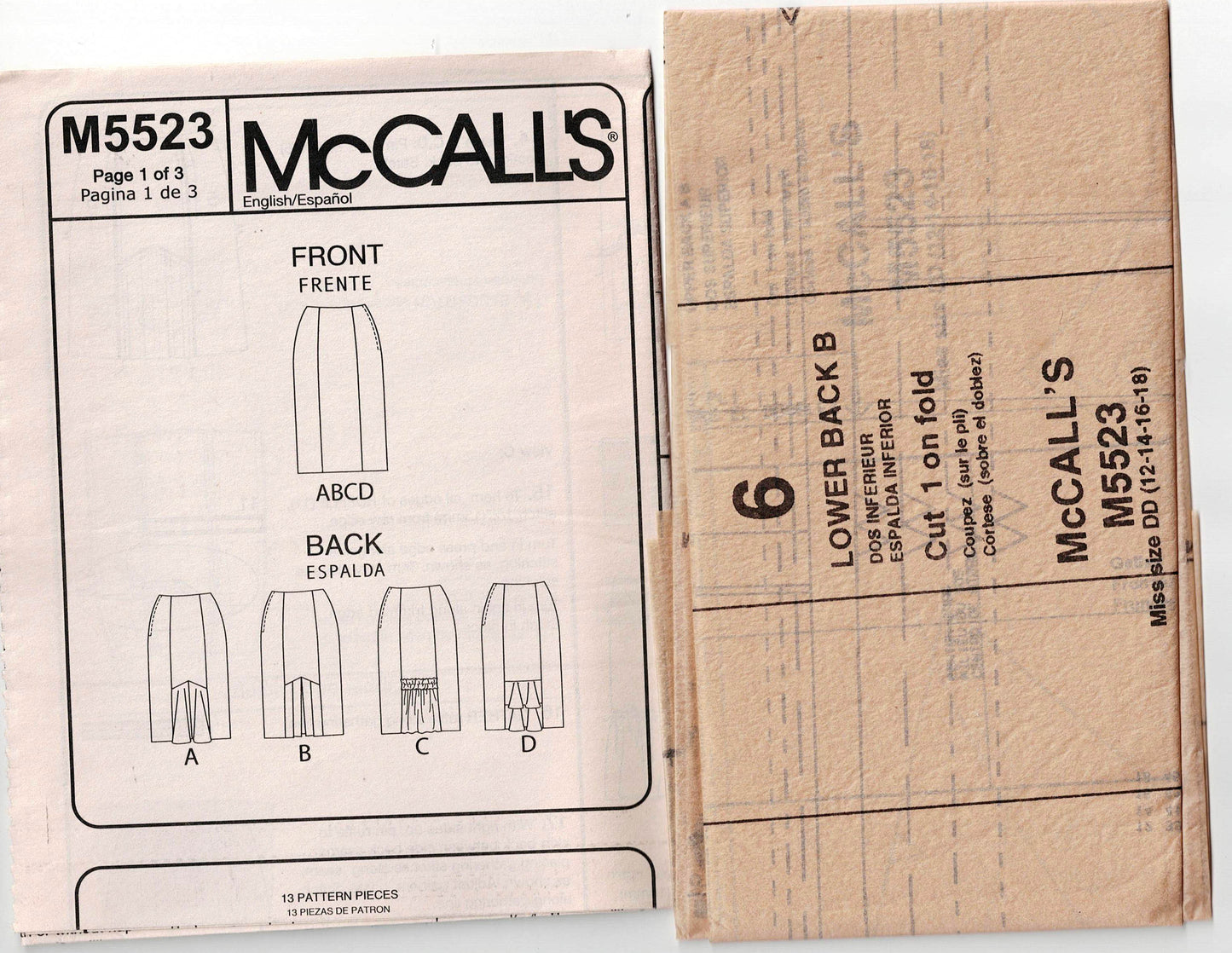 Patrón de costura agotado para faldas ajustadas con paneles y dobladillo con volantes o pliegues para mujer McCall's 5523, tallas 12 a 18, sin cortar, doblado de fábrica