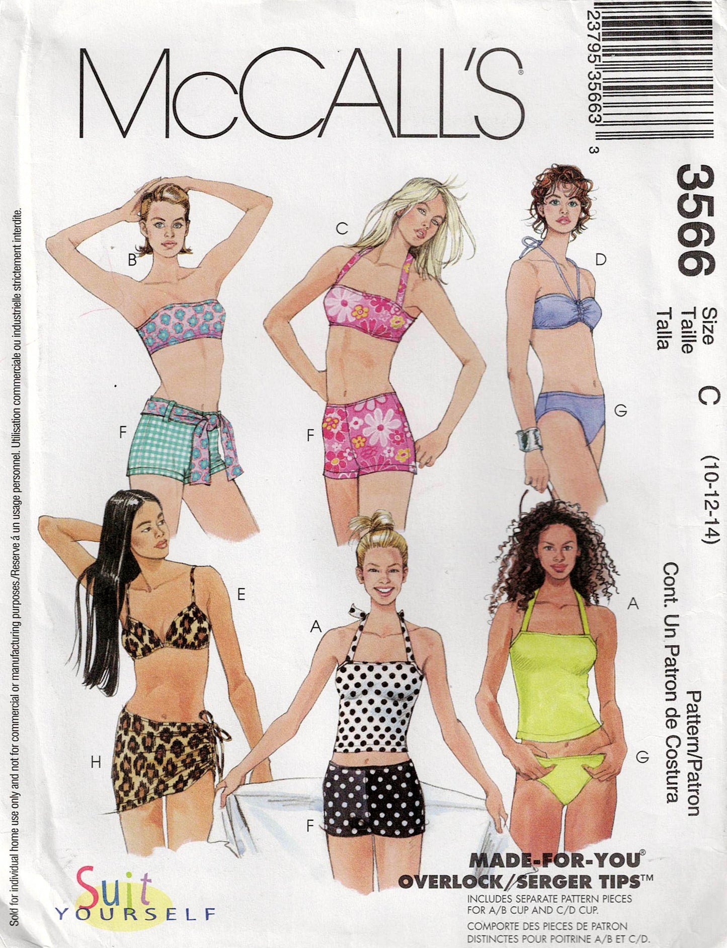 McCall's 3566 Womens Stretch Tankini Shorts Swimsuit & Mini Wrap Skirt Out Of Print Sewing Pattern Size 8 - 12 or 10 - 14 UNCUT Factory Folded