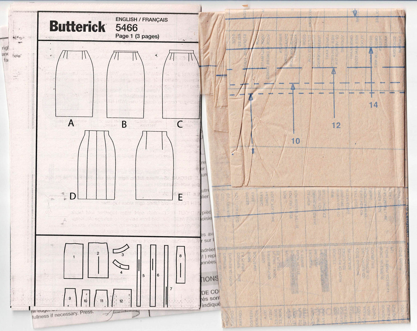 Patrón de costura de faldas de cintura alta y ajustadas fáciles de usar Butterick 5466 para mujer, sin cortar, dobladas de fábrica, talla 8-24