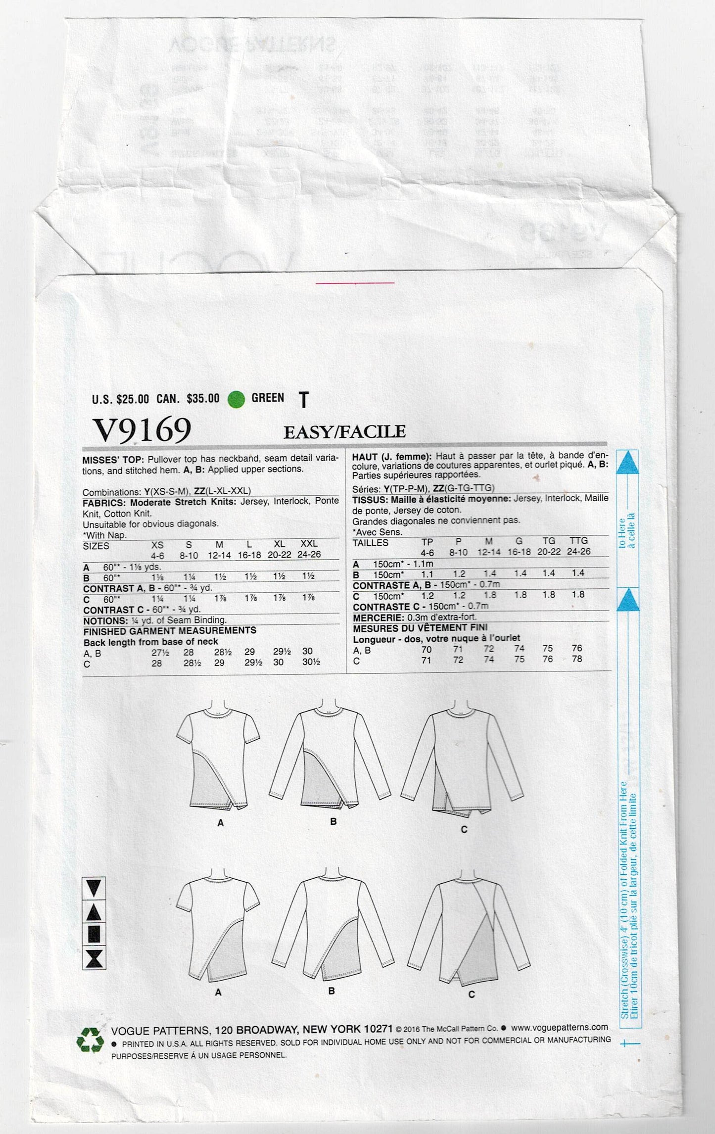 Vogue 9169 Womens Stretch Casual Color Block Asymmetric Tops Out Of Print Sewing Pattern Size L - XXL UNCUT Factory Folded