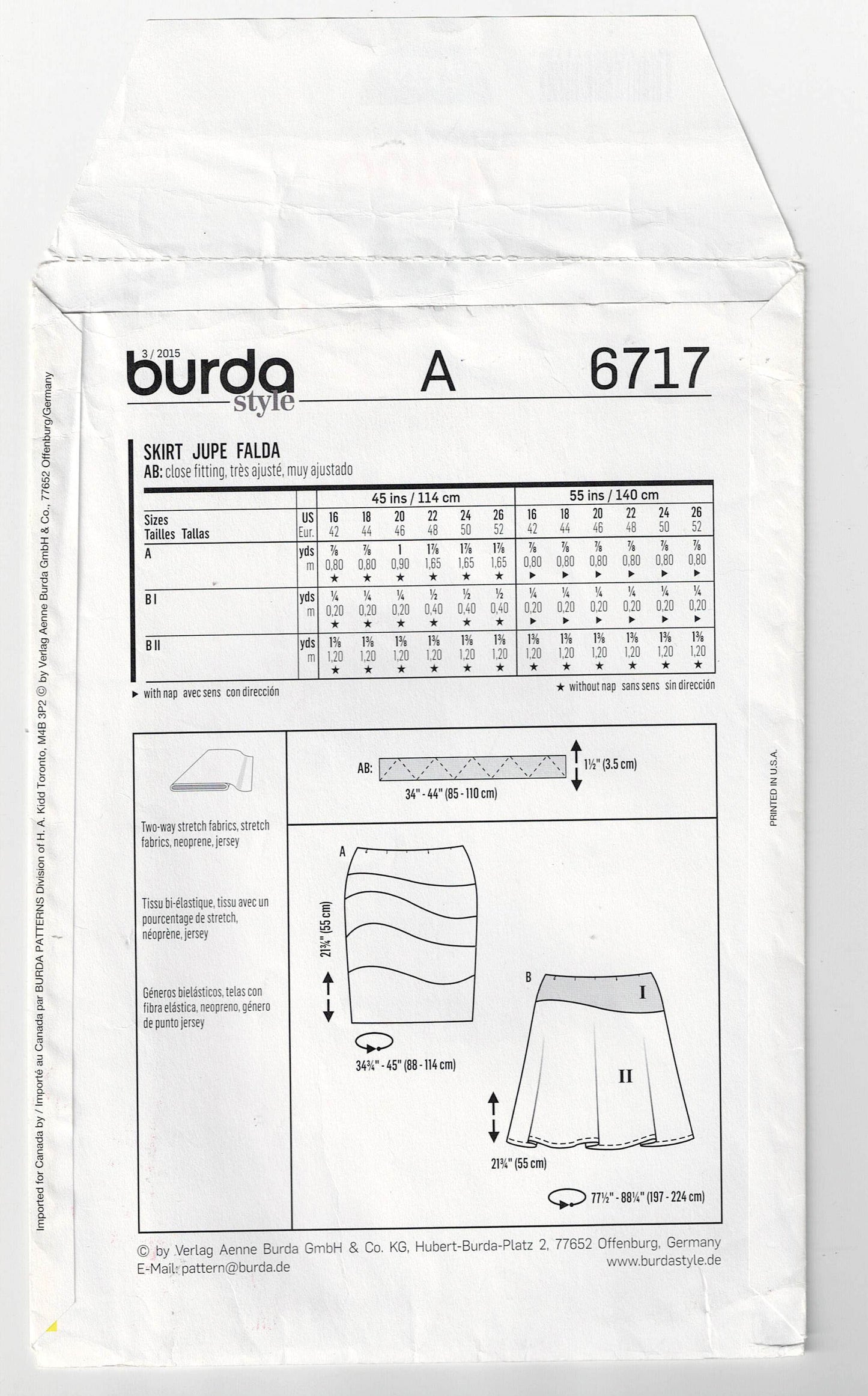 Burda Young 6717 Womens Stretch Layered or Yoked Skirts Out Of Print Sewing Pattern Sizes 16 - 26 UNCUT Factory Folded