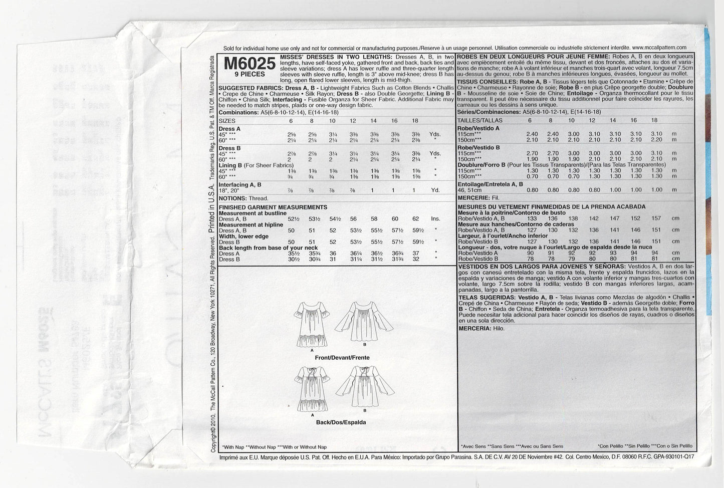 Patrón de costura agotado para vestidos con volados y canesú para mujer McCall's 6025, talla 14-18, sin cortar, doblado de fábrica