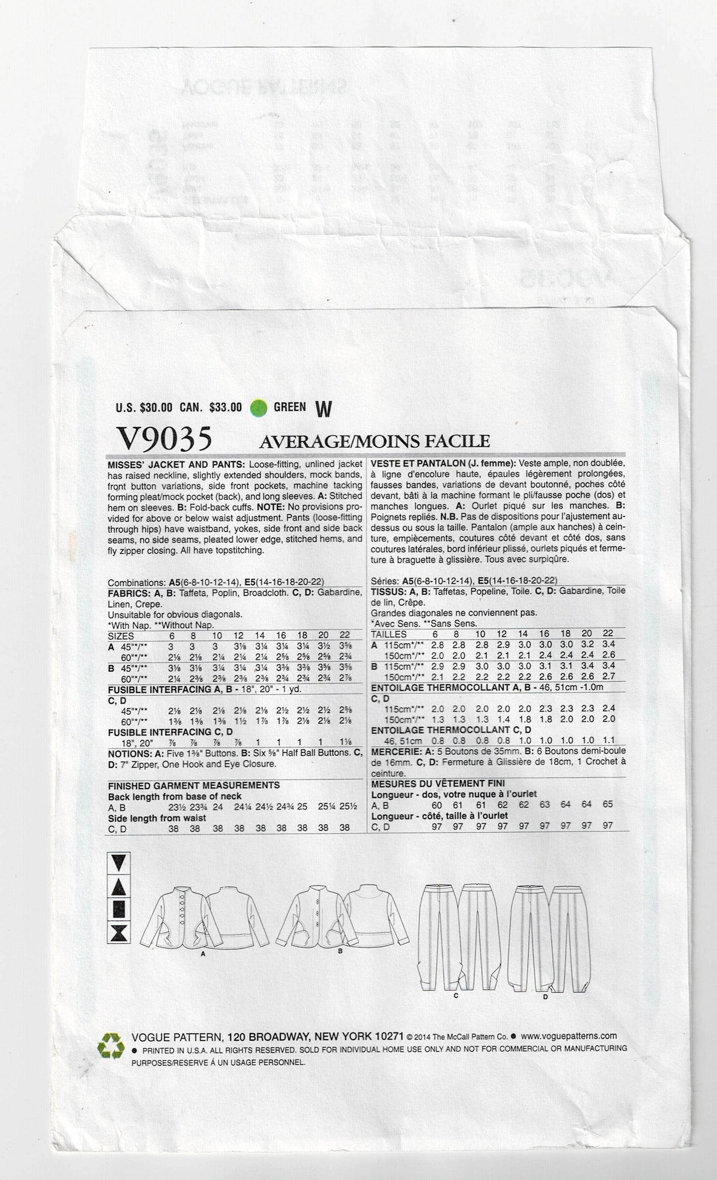 Vogue Designer Original 9035 Marcy Tilton Womens Origami Style Jacket & Pants Out Of Print Sewing Pattern Size 14 - 22 UNCUT Factory Folded