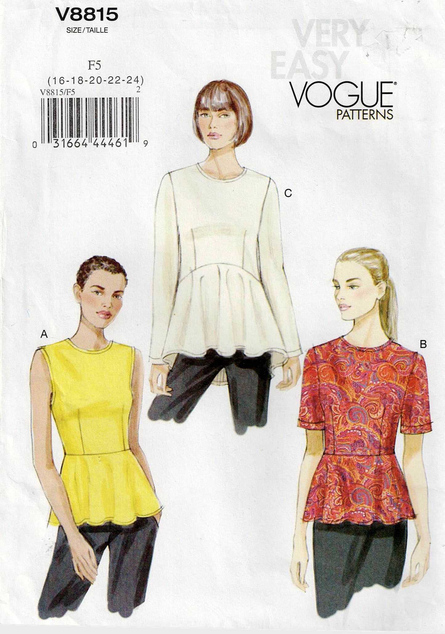 Patrón de costura muy fácil para blusas peplum de cintura alta para mujer Vogue V8815, tallas 8 a 16 o 16 a 24, sin cortar, dobladas de fábrica