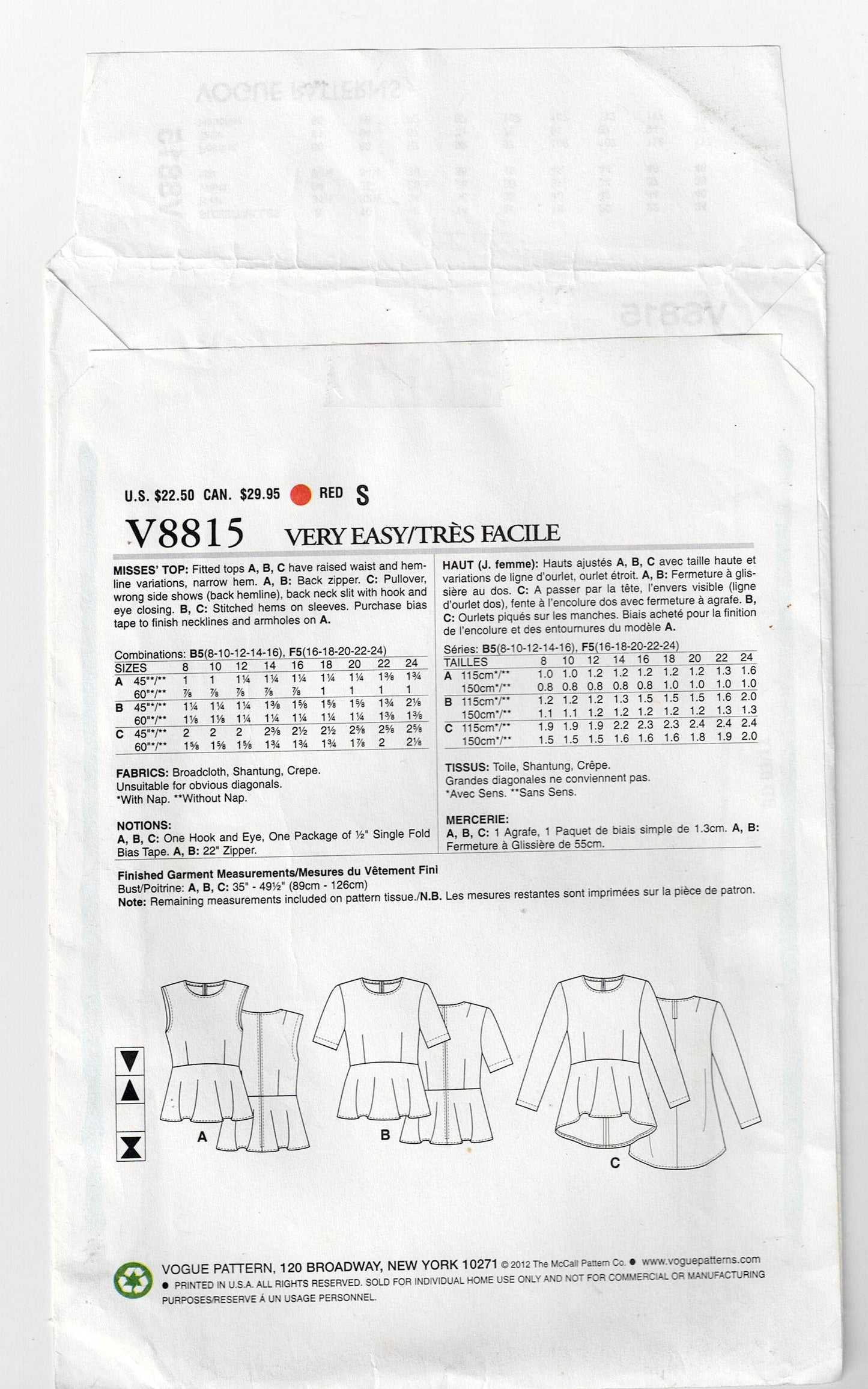 Very Easy Vogue V8815 Womens High Waisted Peplum Tops Sewing Pattern Size 8 - 16 or 16 - 24 UNCUT Factory Folded