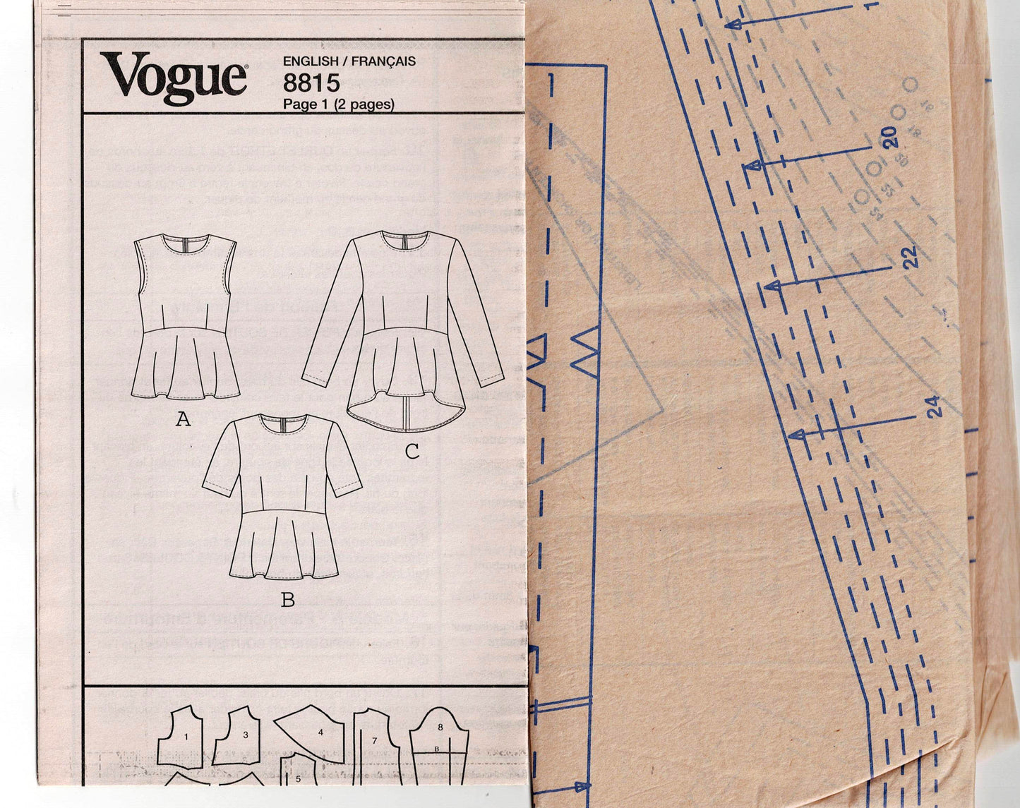 Very Easy Vogue V8815 Womens High Waisted Peplum Tops Sewing Pattern Size 8 - 16 or 16 - 24 UNCUT Factory Folded