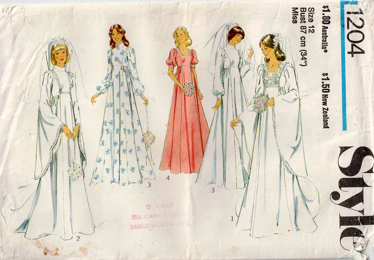 Style 1204 Womens High Waisted Cathedral Sleeved Wedding Dress Boho Hippie Goth 1970s Vintage Sewing Pattern Size 12 Bust 34 Inches