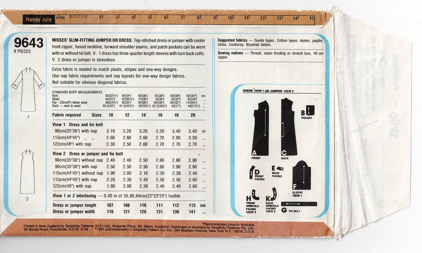 Simplicity 9643 Womens Funnel Neck Zip Front Dress or Pinafore 1980s Vintage Sewing Pattern Size 14 Bust 36 inches UNCUT Factory Folded