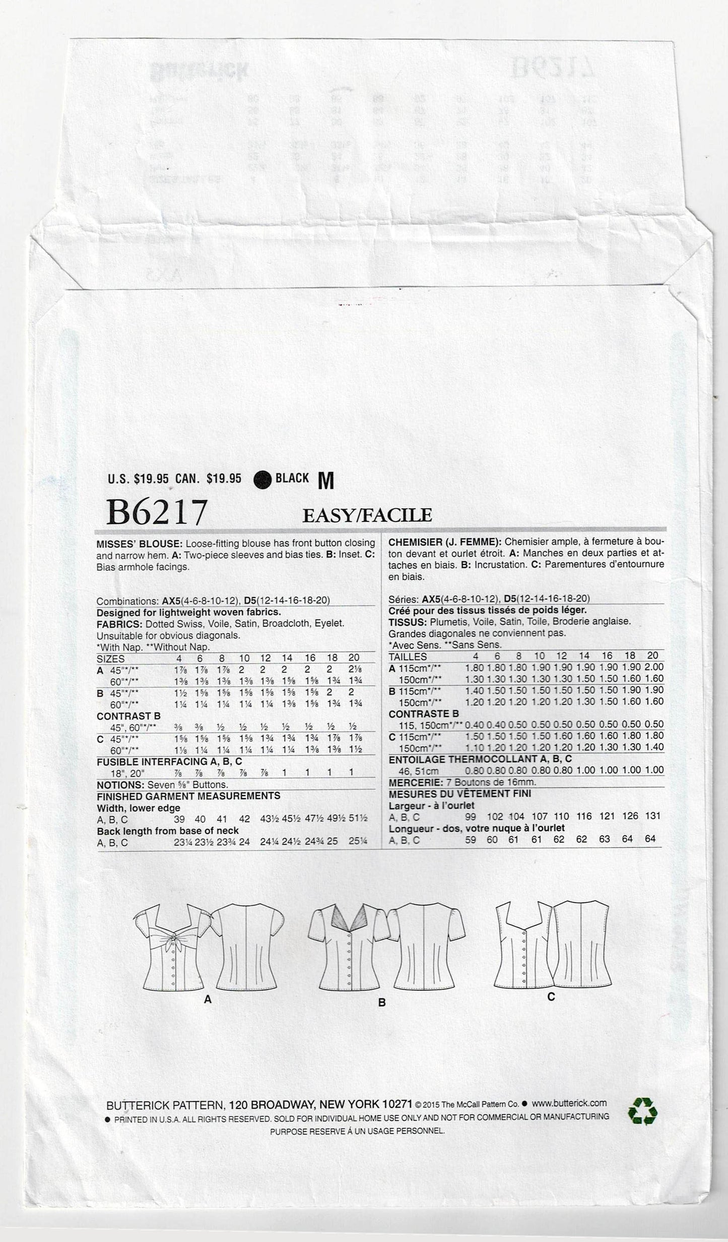 Patrón de costura agotado para blusas con escote en forma de corazón para mujer Butterick 6217 Gertie, talla 6 a 12, sin cortar, doblado de fábrica