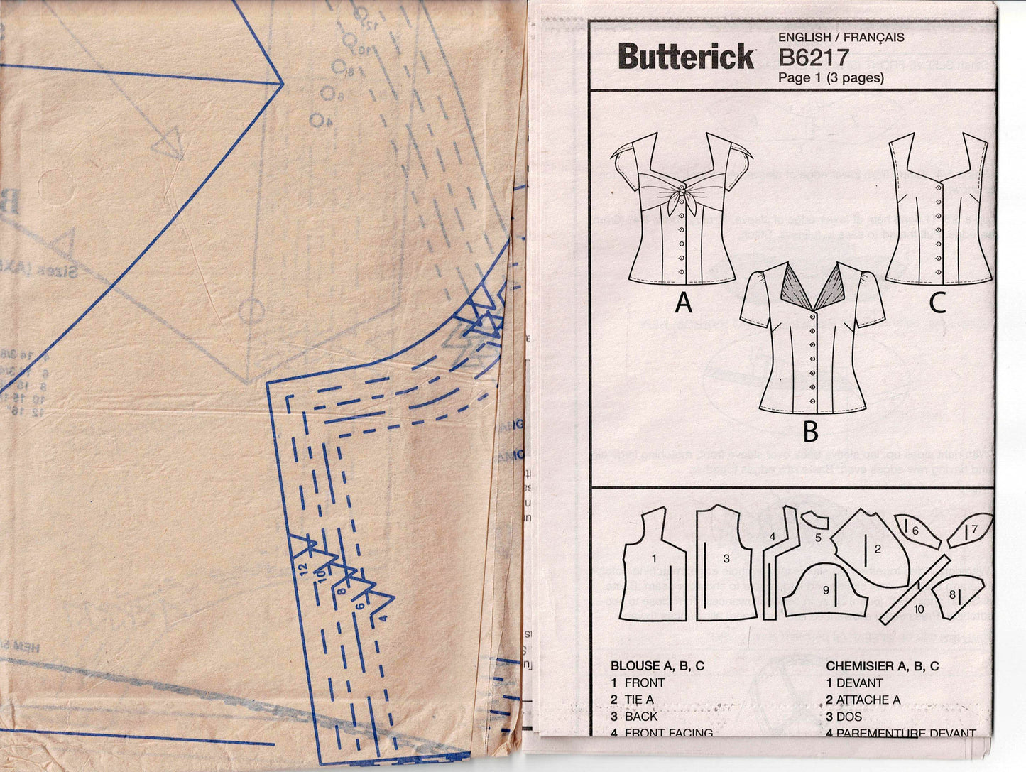 Patrón de costura agotado para blusas con escote en forma de corazón para mujer Butterick 6217 Gertie, talla 6 a 12, sin cortar, doblado de fábrica