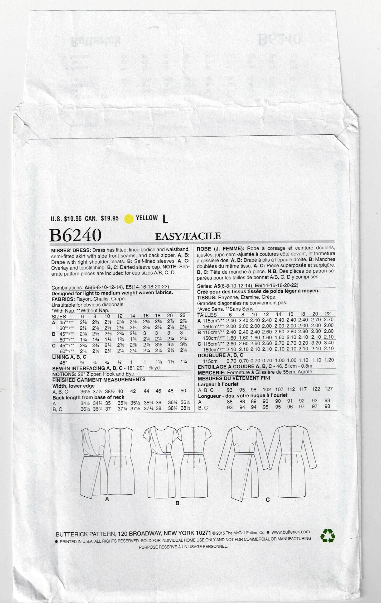 Patrón de costura agotado para vestido con corpiño drapeado asimétrico para mujer Butterick 6240, tallas 6 a 14, sin cortar, doblado de fábrica