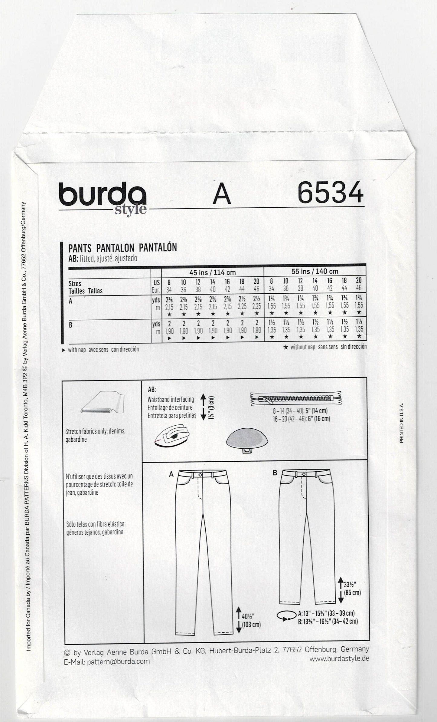 Patrón de costura Burda Style 6534 para jeans ajustados de tiro bajo para mujer, agotado, tallas 8 a 20, sin cortar, doblado de fábrica