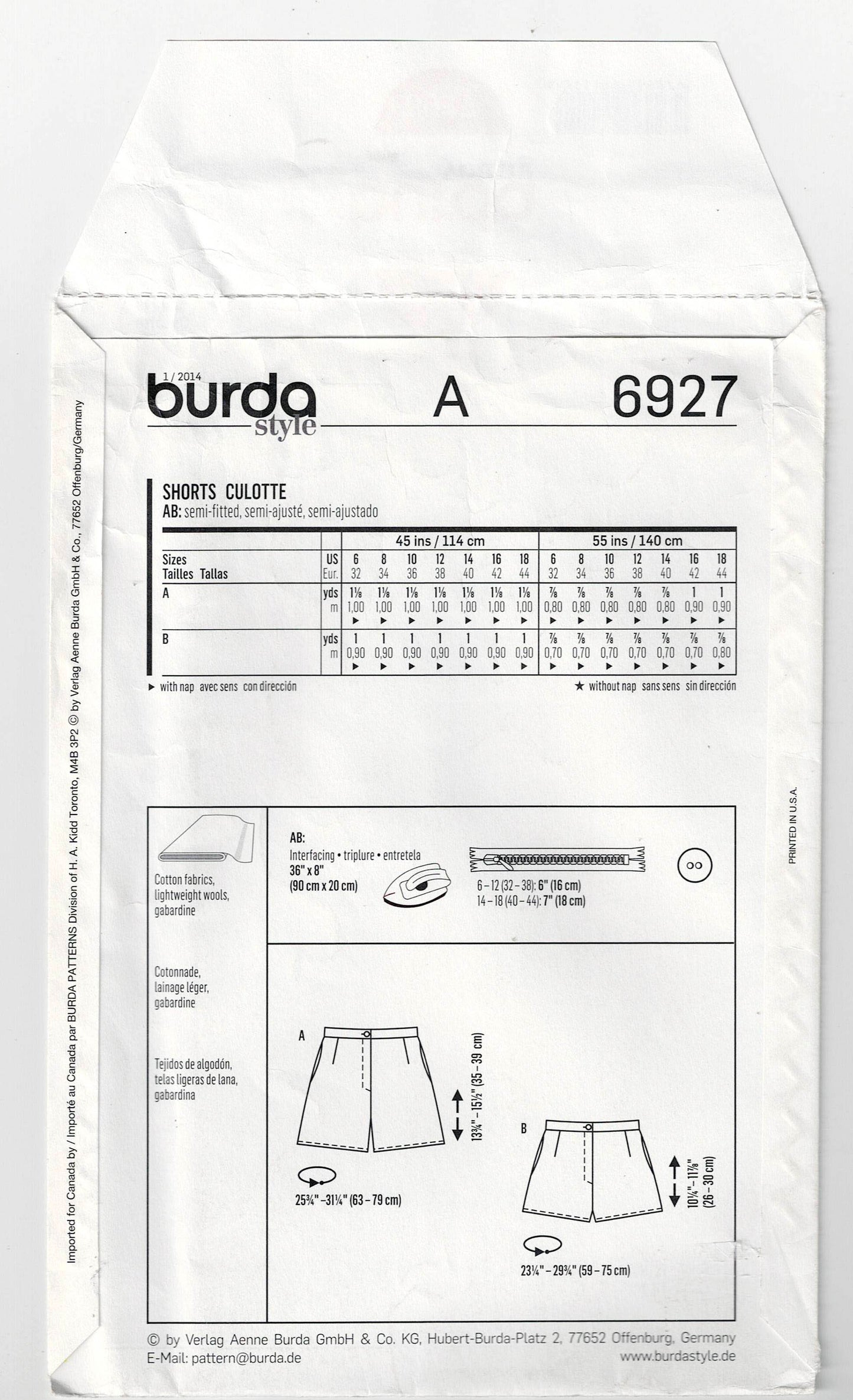 Patrón de costura Burda Young 6927 para pantalones cortos de cintura alta o regular para mujer, agotado, tallas 6 a 18, sin cortar, doblado de fábrica