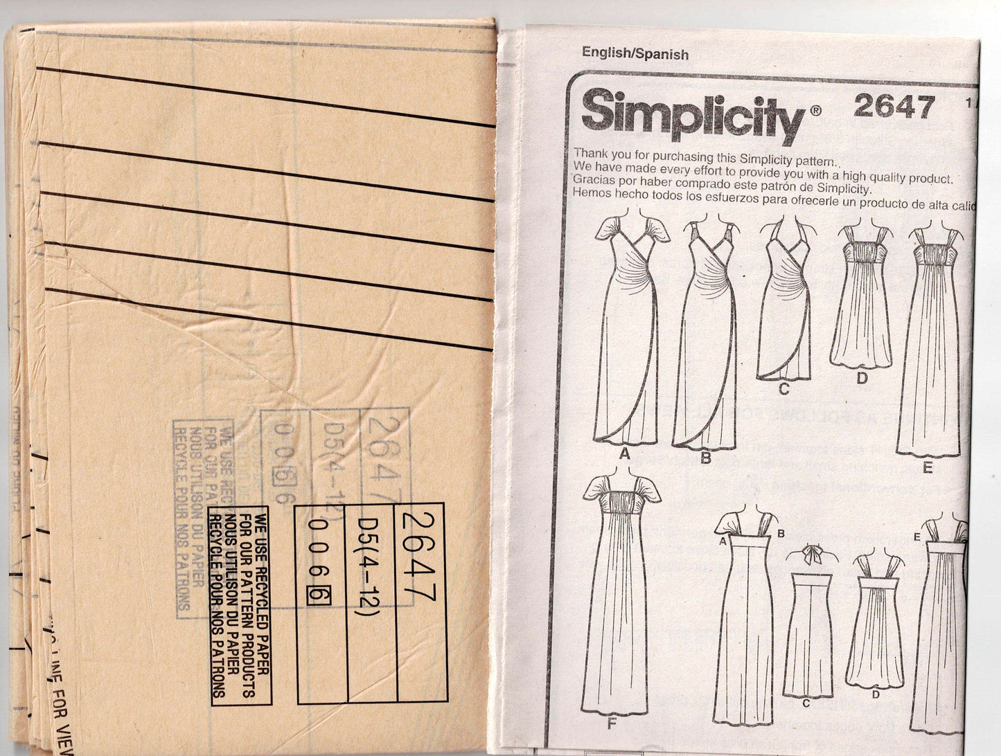 Patrón de costura para vestido de día o de noche Simplicity 2647 para mujer, elástico, inspirado en diseñadores, fuera de impresión, tallas 12 a 20, sin cortar, doblado de fábrica