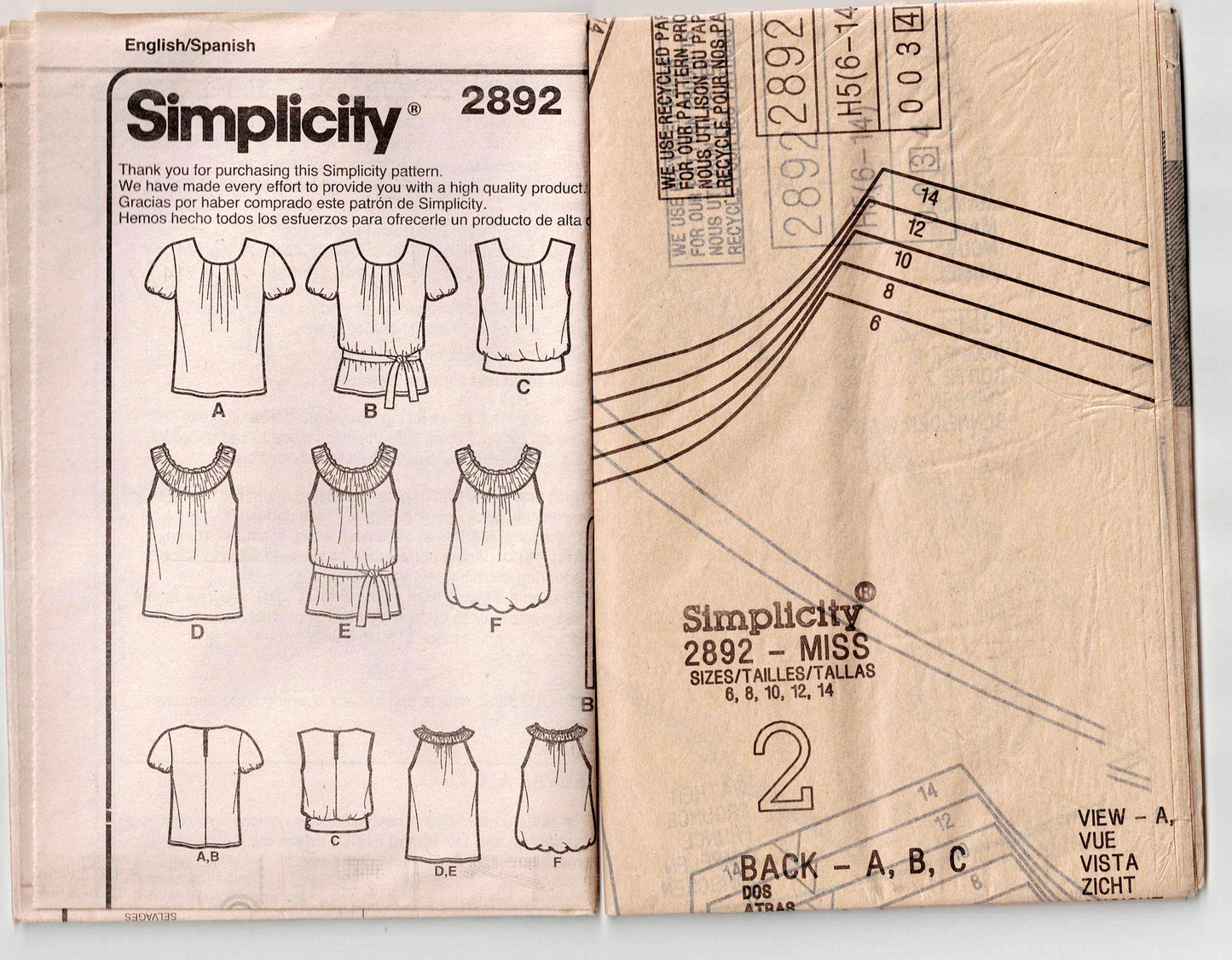 Patrón de costura Simplicity 2892 EASY para blusas fruncidas o plisadas para mujer, agotado, talla 6 a 14, sin cortar, doblado de fábrica