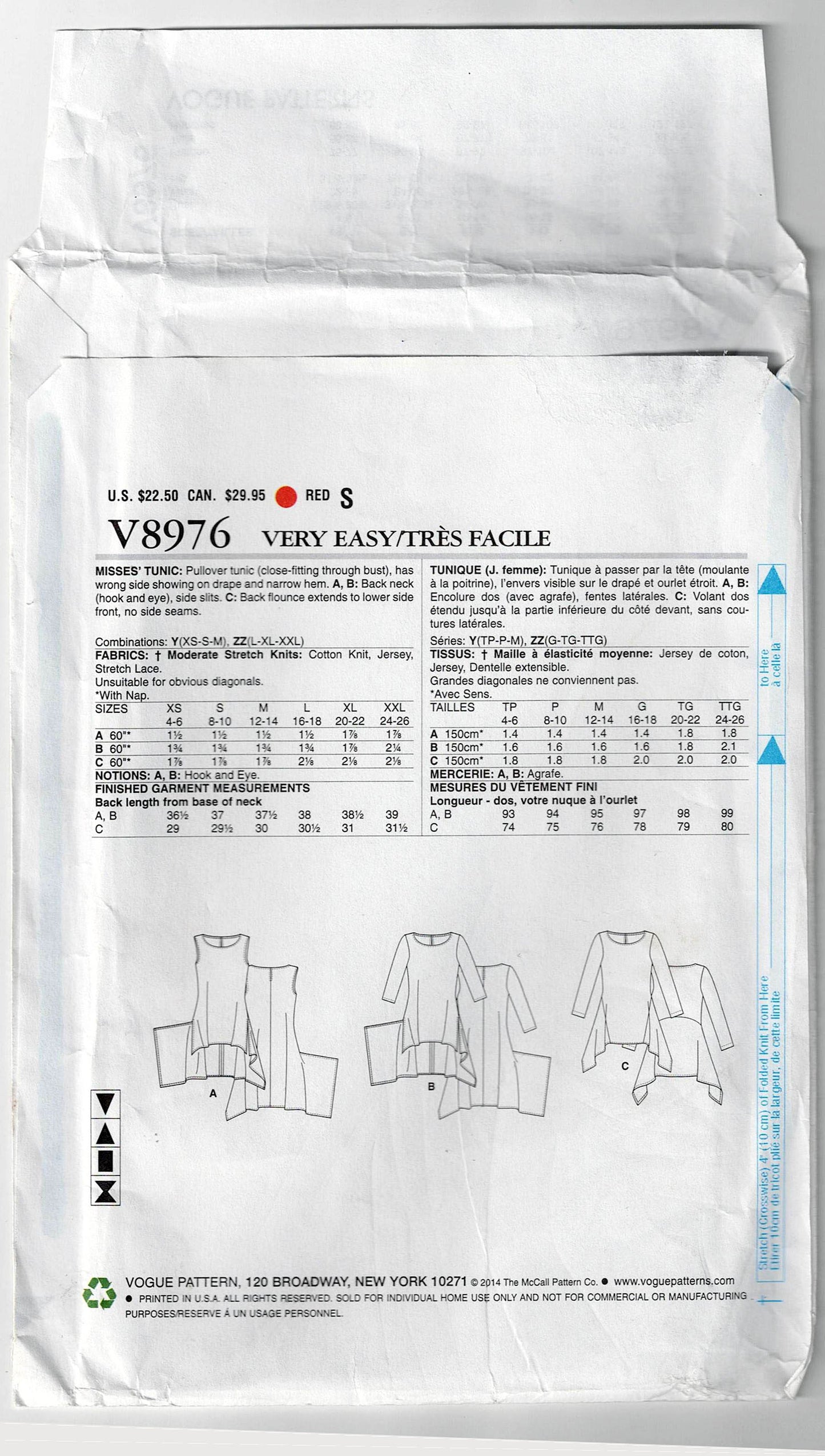 Patrón de costura de túnica con dobladillo con volantes de punto elástico para mujer Vogue 8976, muy fácil de usar, agotado, talla L - XXL, sin cortar, doblado de fábrica