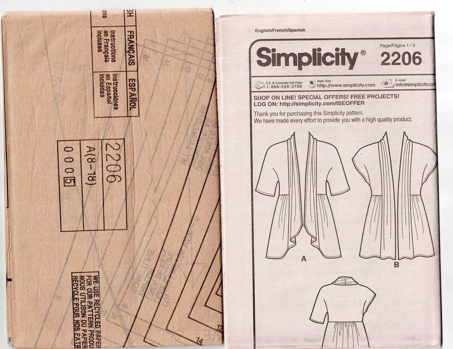 Patrón de costura de chaqueta tipo cárdigan de punto elástico fácil de usar para mujer Simplicity 2206, agotado, talla 8-18, sin cortar, doblado de fábrica