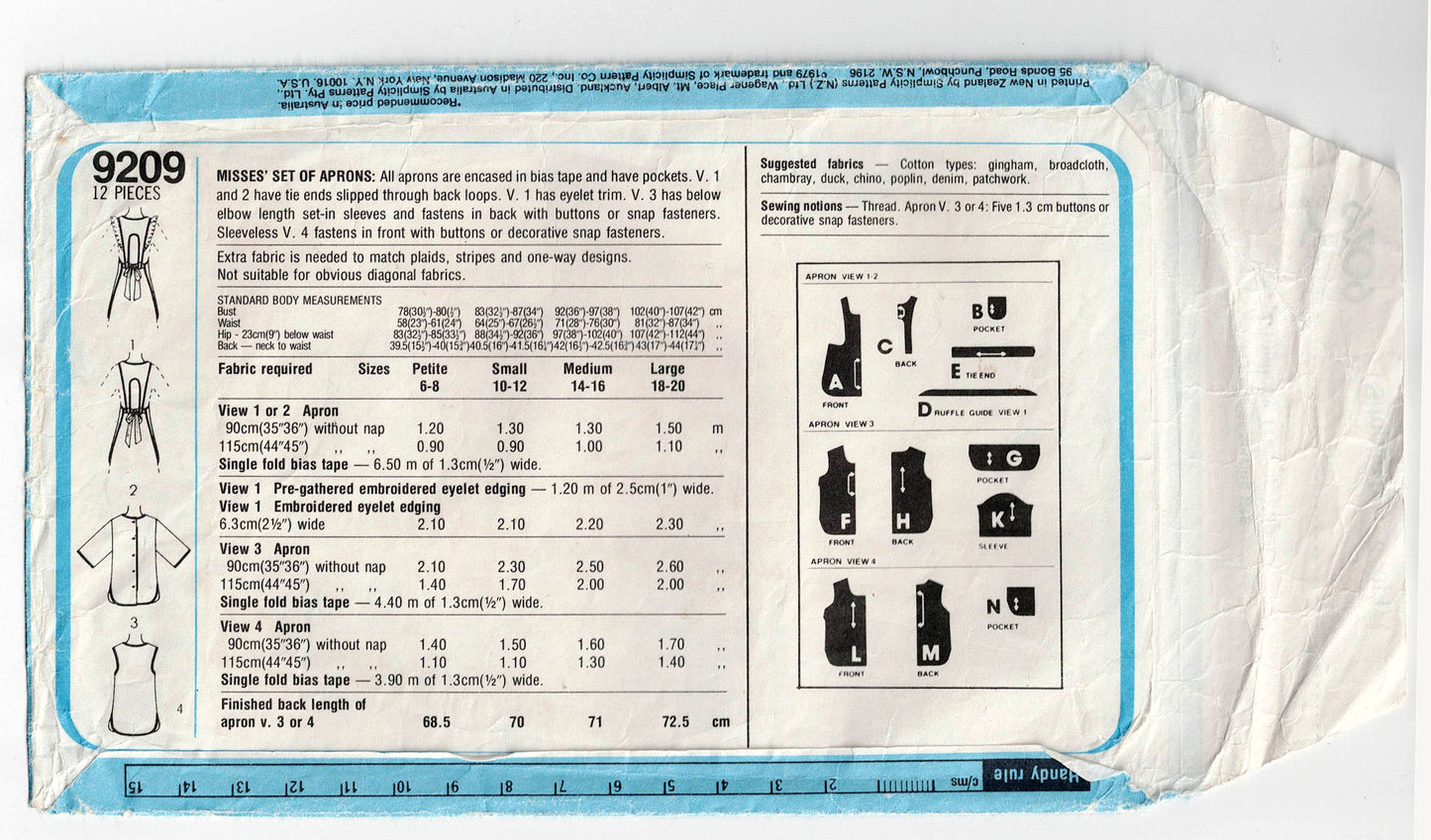 Simplicity 9209 Womens EASY Pullover Craft Aprons with Pockets 1970s Vintage Sewing Pattern Size SMALL 10 - 12