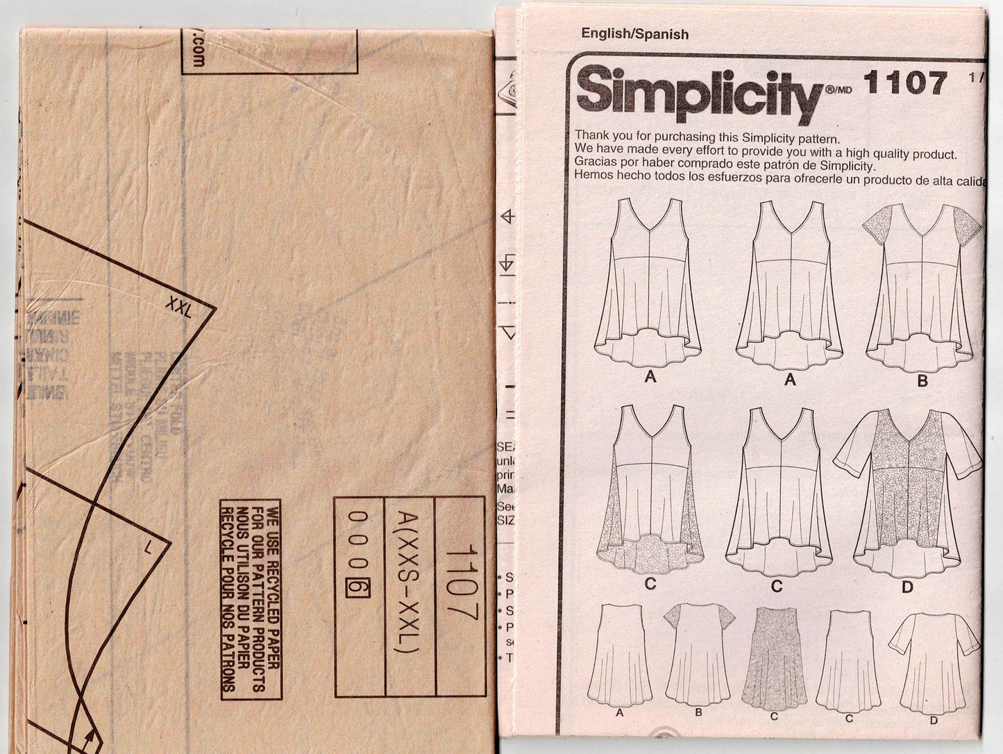 Patrón de costura Simplicity 1107 para blusas de tienda de campaña sin mangas con dobladillo alto y bajo para mujer, agotado, tallas XXS a XXL, sin cortar, doblado de fábrica