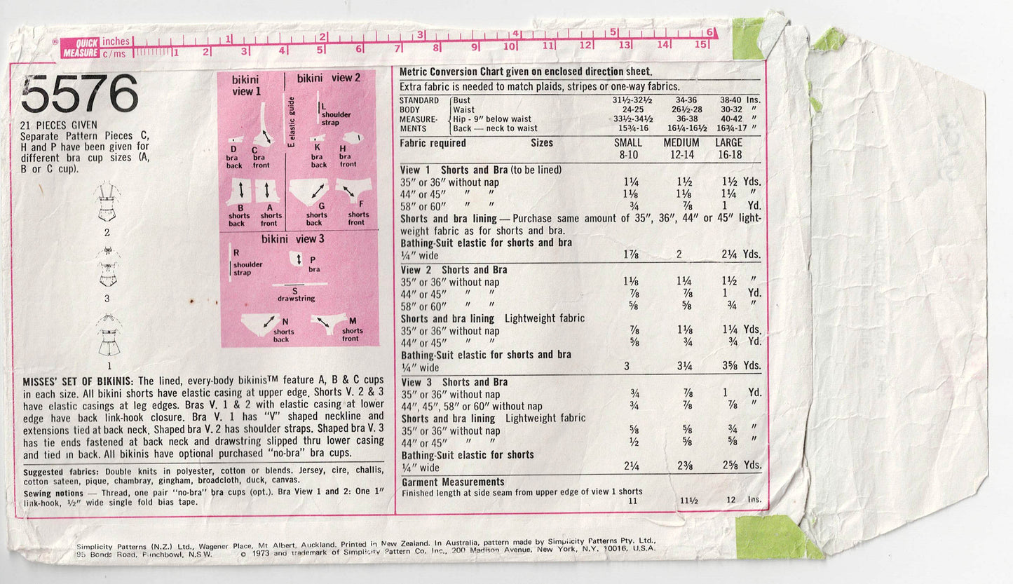 Simplicity 5576 Womens Every-Body Retro Bikinis 1970s Vintage Sewing Pattern Size MEDIUM 12 - 14