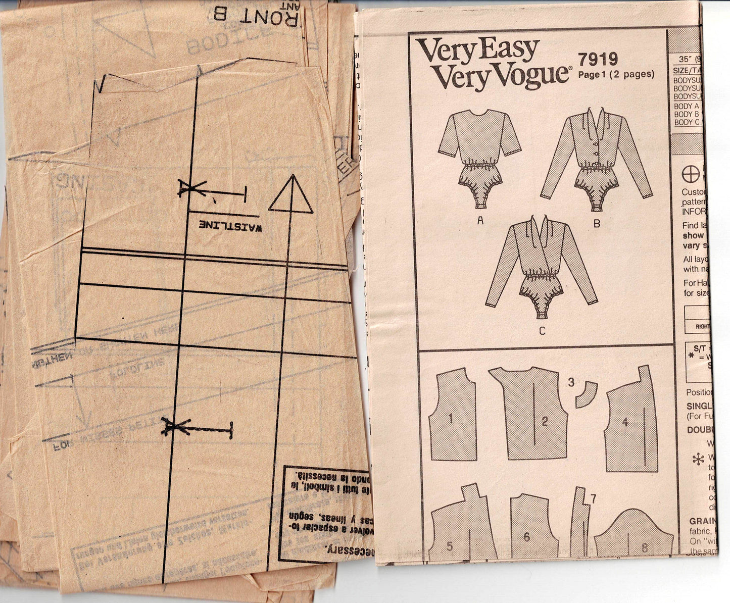 Very Easy Vogue 7916 Womens Bodysuit in 3 Styles 1990s Vintage Sewing Pattern Size 8 - 12