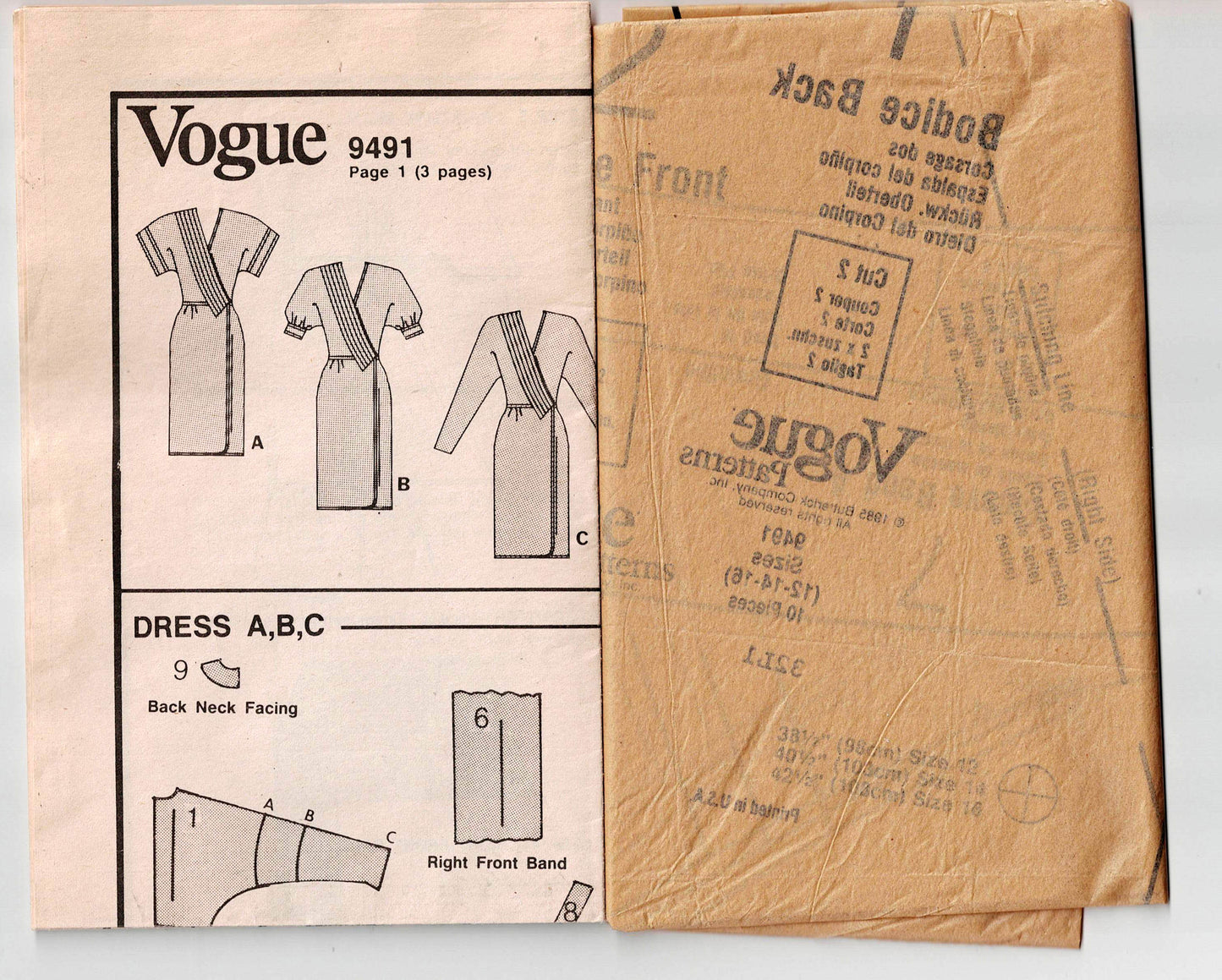 Vogue 9491 Womens Wrap Dress with Tucked Front Band 1980s Vintage Sewing Pattern Size 12 - 16