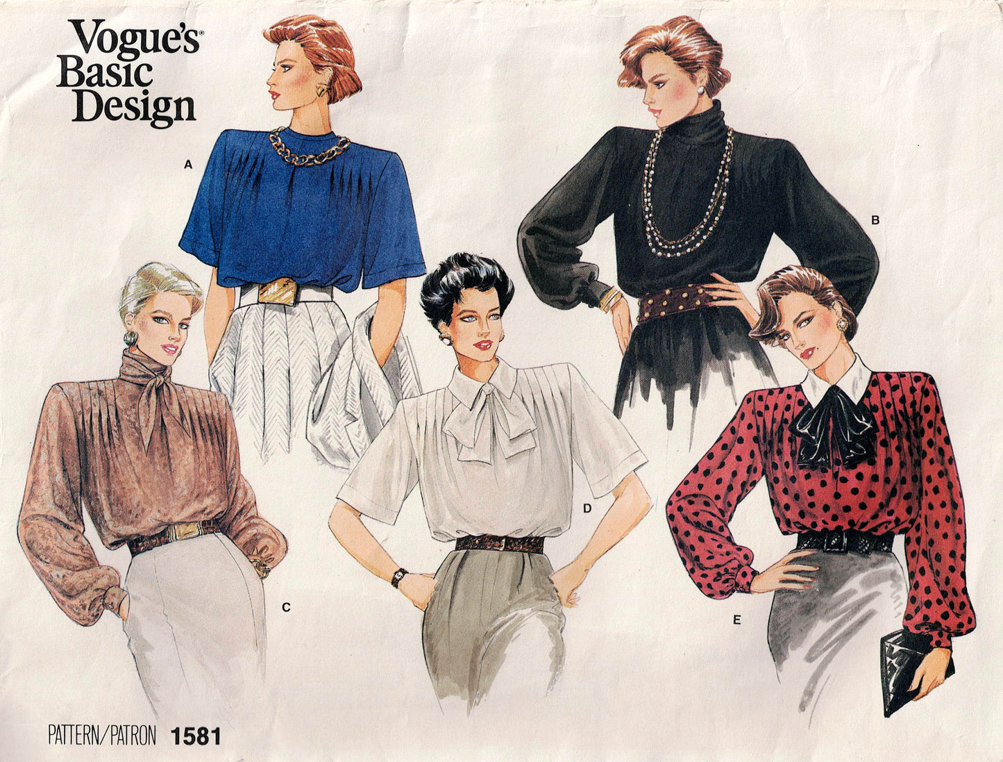 Vogue Basic Design 1581 Womens Tucked Front High Collar Blouses 1980s Vintage Sewing Pattern Size 12 Bust 34 Inches UNCUT Factory Folded